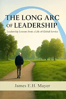 The Long Arc of Leadership cover showing a figure on a path through a green landscape
